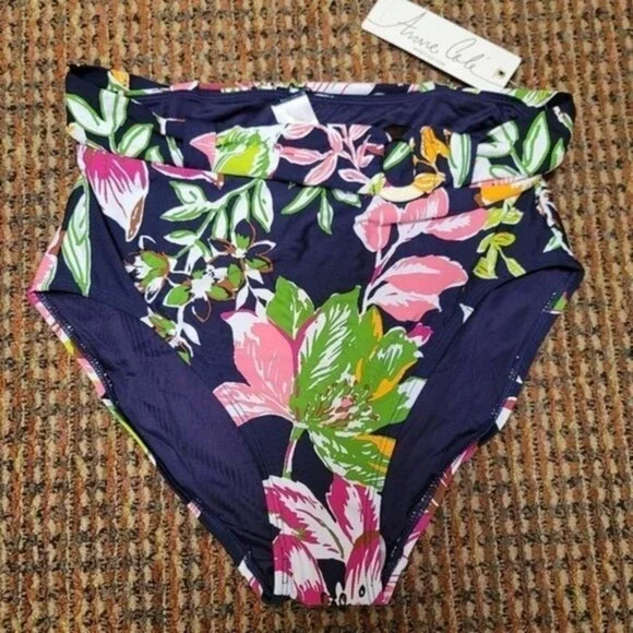 Anne Cole Signature Tropical Bloom Belted High-Waist Bikini Bottom- Blue, Large - Picture 4 of 12